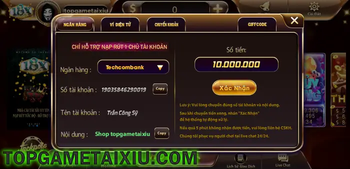 Giao dịch nạp rút full hạn mức của 18X Bet