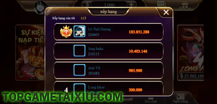 Giao diện Bảng xếp hạng Top của 69Bet Win