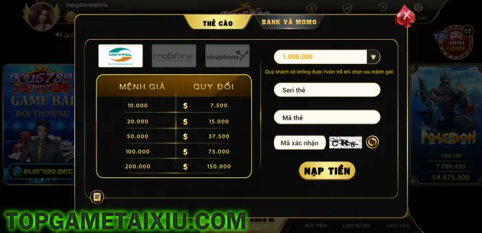 Giao diện nạp rút tiền của game bài Ku6789 Bet