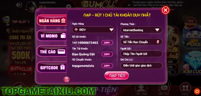 Bum1 Club chỉ cho phép nạp rút cùng một tài khoản