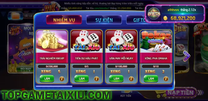 Nhiệm vụ, sự kiện và Giftcode khuyến mãi tại Rik1 Vip