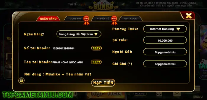 Tỷ lệ nạp rút hấp dẫn là thương hiệu của Sun68 Me