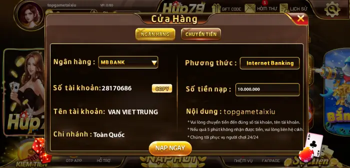 Giao dịch nạp rút của Hup79 Club có đầy đủ tính tiện lợi