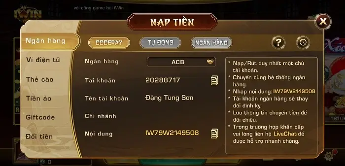 Hướng dẫn nạp tiền vào tài khoản game iWin3 Club