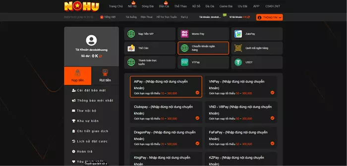 Quy trình thanh toán và nạp rút Nohu56