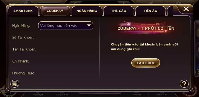 Nạp tiền qua Code tại Macau9.Club